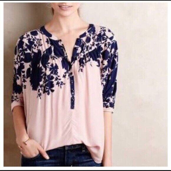 Maeve Anthropologie‎ Womens Blouse Sz XS Linden Floral Batwing Blouse Pink Navy - Picture 1 of 9